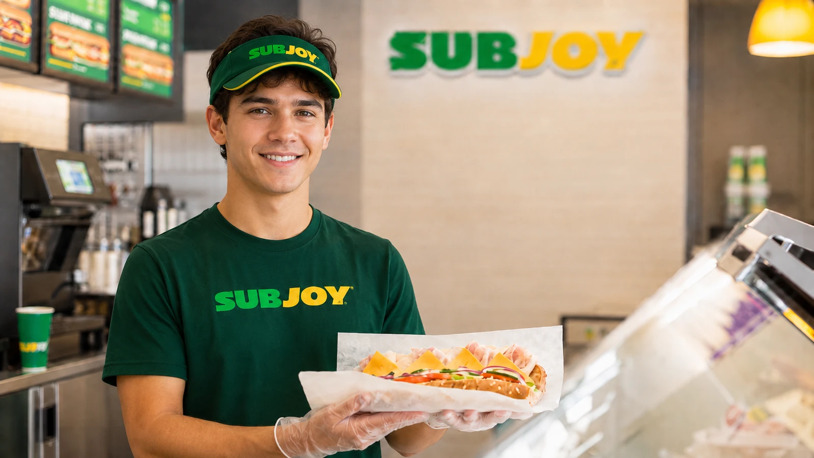 Улыбающийся молодой человек в зеленой футболке и козырьке с логотипом «SUBJOY» держит в руках большой сэндвич-суб на бумаге в интерьере ресторана быстрого питания.