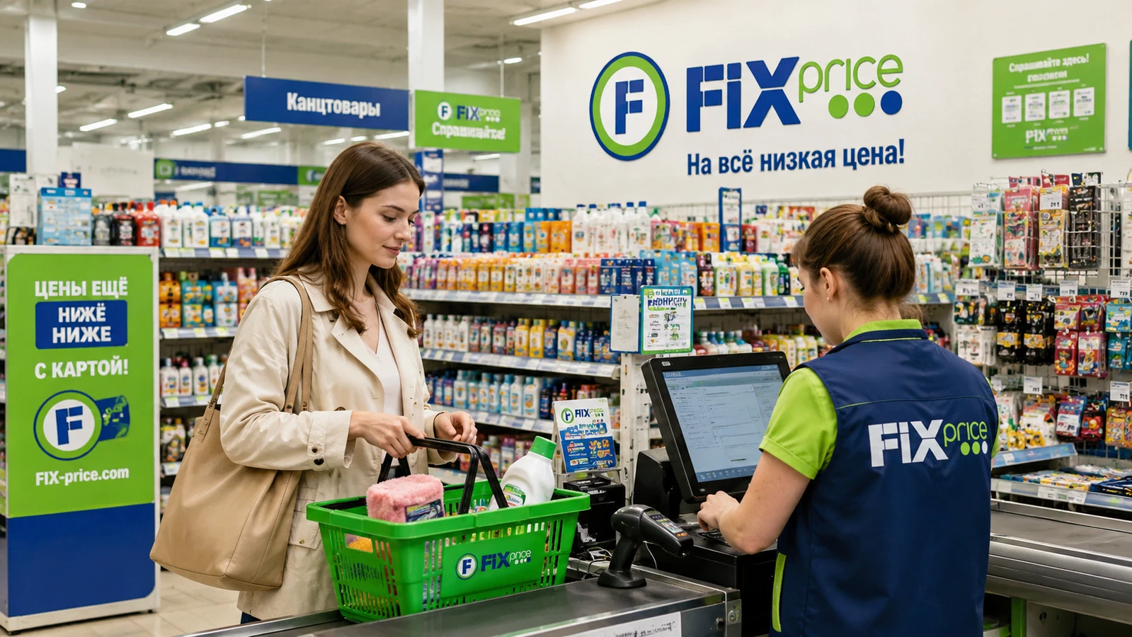 Покупательница с корзиной на кассе в магазине Fix Price