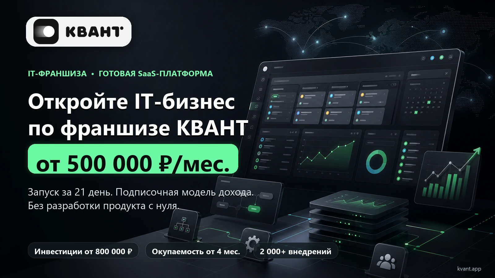 Откройте IT-бизнес по франшизе КВАНТ с прибылью от 500 000 ₽ в месяц и запуском всего за 21 день