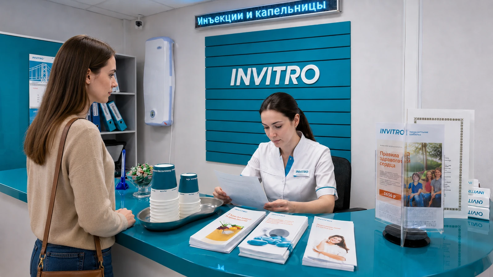 Интерьер медицинского офиса Инвитро со стойкой регистрации, администратором и вывеской Инъекции и капельницы