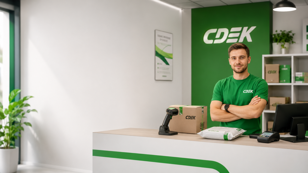 Светлый современный офис ПВЗ СДЭК с белой стойкой ресепшена, оформленной зеленой полосой, зеленым комнатным растением и плакатом на стене.